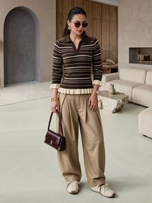 Rue Lumi POLO Collar Slim Fit Flattering Base Layer Striped Brown Long Sleeve Knit Sweater Top - Multicolor - View 5