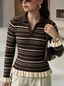Rue Lumi POLO Collar Slim Fit Flattering Base Layer Striped Brown Long Sleeve Knit Sweater Top - Multicolor - View 8