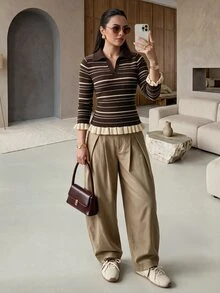 Rue Lumi POLO Collar Slim Fit Flattering Base Layer Striped Brown Long Sleeve Knit Sweater Top - Multicolor - View 9