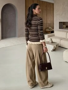 Rue Lumi POLO Collar Slim Fit Flattering Base Layer Striped Brown Long Sleeve Knit Sweater Top - Multicolor - View 6