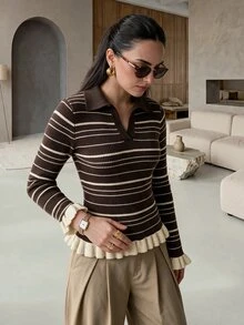 Rue Lumi POLO Collar Slim Fit Flattering Base Layer Striped Brown Long Sleeve Knit Sweater Top - Multicolor - View 7