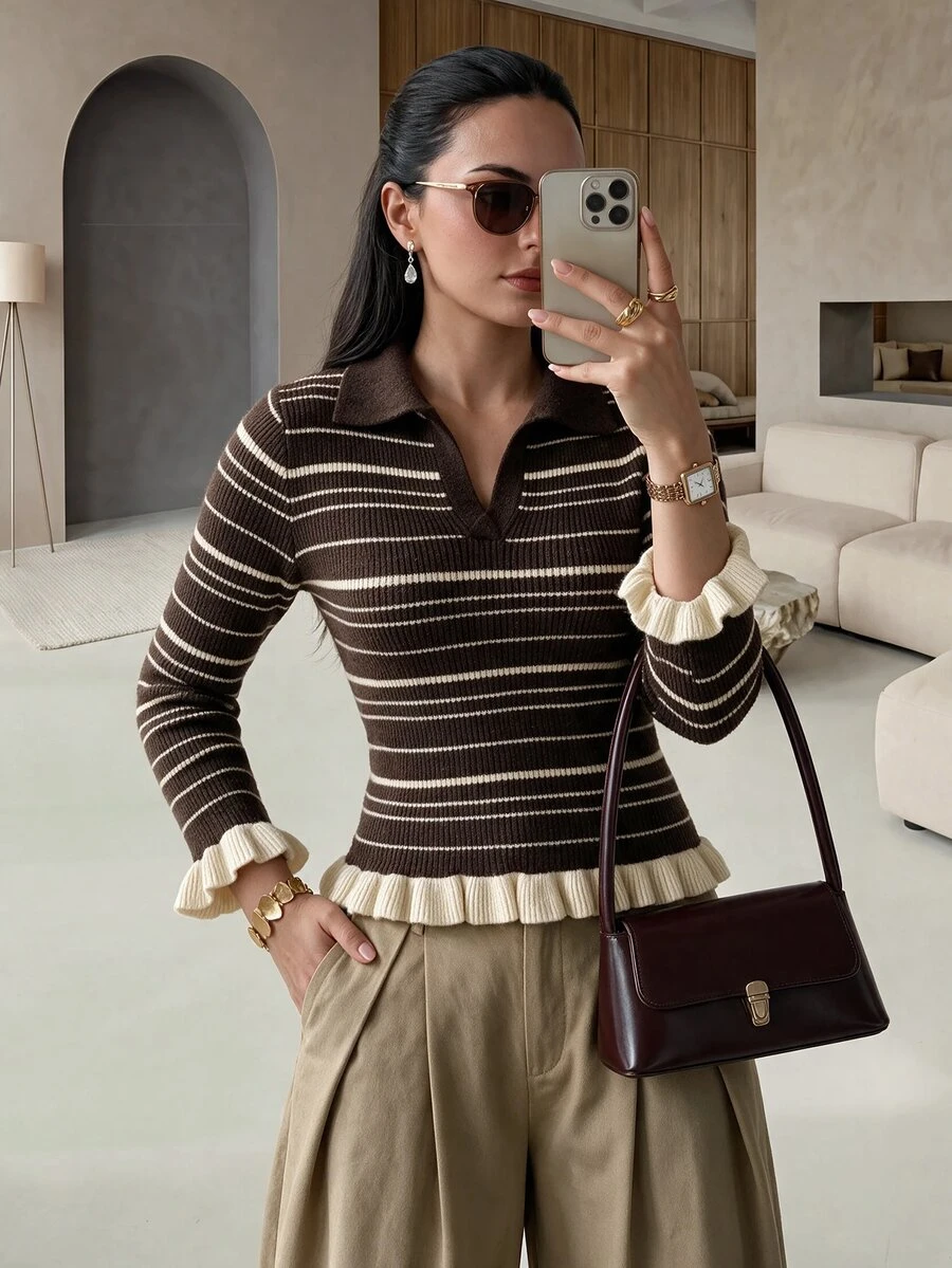 Rue Lumi POLO Collar Slim Fit Flattering Base Layer Striped Brown Long Sleeve Knit Sweater Top