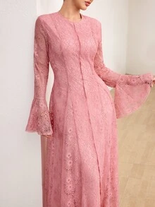 Graceveil 粉色花卉蕾絲荷葉邊長袖優雅浪漫婚禮晚禮服女款，適合單身派對、入籍儀式、秋季 - 粉色 - 查看 8