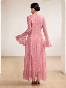 Graceveil 粉色花卉蕾絲荷葉邊長袖優雅浪漫婚禮晚禮服女款，適合單身派對、入籍儀式、秋季 - 粉色 - 查看 3