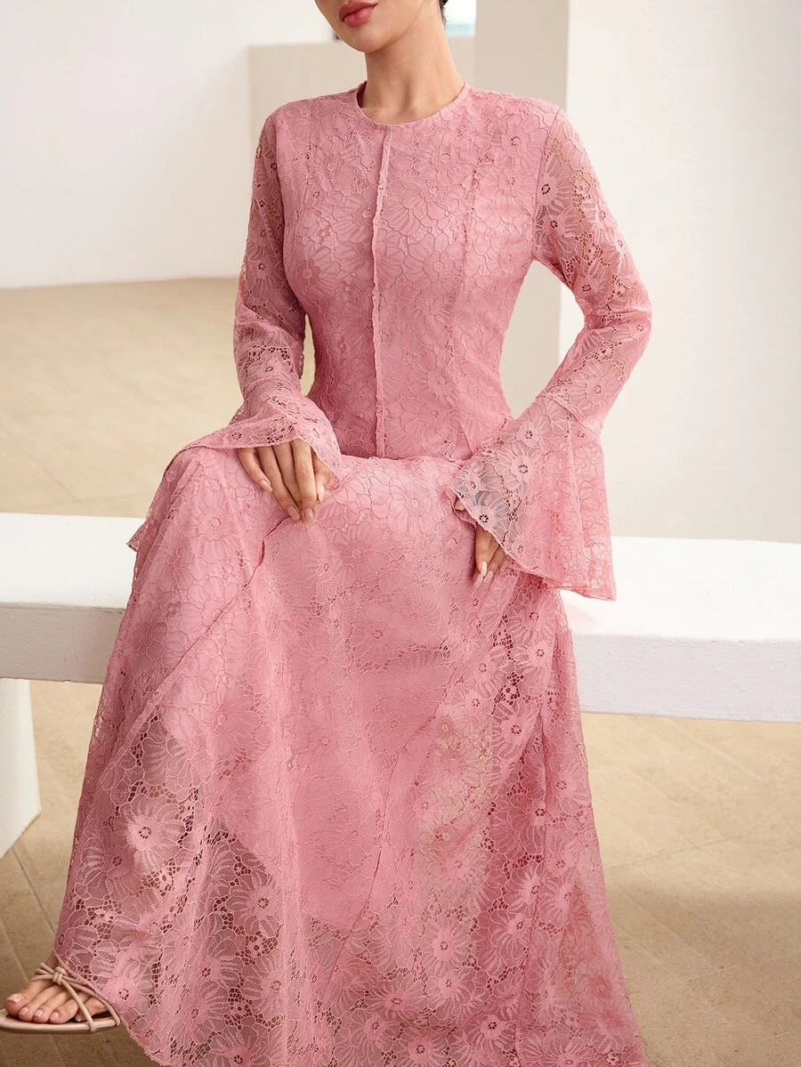 Graceveil 粉色花卉蕾絲荷葉邊長袖優雅浪漫婚禮晚禮服女款，適合單身派對、入籍儀式、秋季