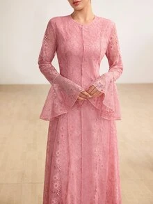 Graceveil 粉色花卉蕾絲荷葉邊長袖優雅浪漫婚禮晚禮服女款，適合單身派對、入籍儀式、秋季 - 粉色 - 查看 6