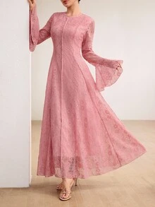 Graceveil 粉色花卉蕾絲荷葉邊長袖優雅浪漫婚禮晚禮服女款，適合單身派對、入籍儀式、秋季 - 粉色 - 查看 5