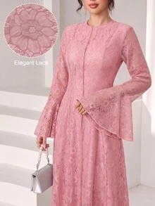 Graceveil 粉色花卉蕾絲荷葉邊長袖優雅浪漫婚禮晚禮服女款，適合單身派對、入籍儀式、秋季 - 粉色 - 查看 7
