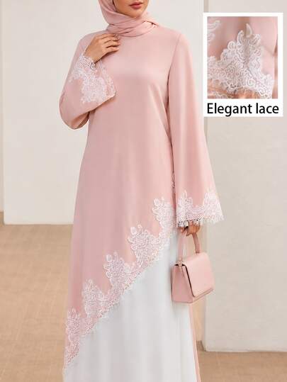 Graceveil Women's Round Neck Embroidered Cuff Long Sleeve Asymmetrical Hem Blouse Wedding After Party Formal Dusty Pink Autumn Modest Celestial
