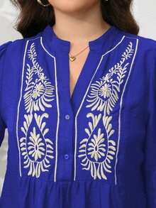 Vionelle 大尺碼秋季波希米亞風純色半開襟前胸刺繡燈籠袖小立領長袖上衣 荷葉邊正式藍色 - 寶藍色 - 查看 5