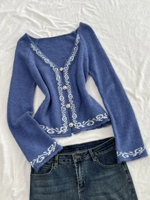 Elamini French Vintage Jacquard Knit Cardigan, Spring/Autumn V-Neck Flared Sleeve Top, Y2K Outfit - Blue - View 7