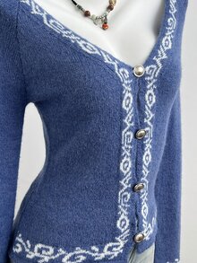 Elamini French Vintage Jacquard Knit Cardigan, Spring/Autumn V-Neck Flared Sleeve Top, Y2K Outfit - Blue - View 5