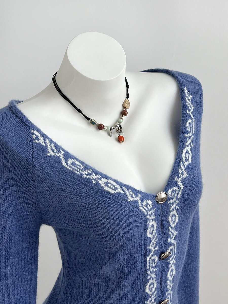 Elamini French Vintage Jacquard Knit Cardigan, Spring/Autumn V-Neck Flared Sleeve Top, Y2K Outfit - Blue - View 1