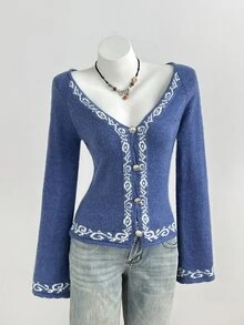 Elamini French Vintage Jacquard Knit Cardigan, Spring/Autumn V-Neck Flared Sleeve Top, Y2K Outfit - Blue - View 8