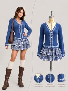 Elamini French Vintage Jacquard Knit Cardigan, Spring/Autumn V-Neck Flared Sleeve Top, Y2K Outfit - Blue - View 4