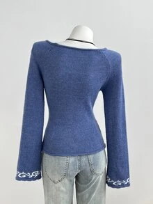 Elamini French Vintage Jacquard Knit Cardigan, Spring/Autumn V-Neck Flared Sleeve Top, Y2K Outfit - Blue - View 2