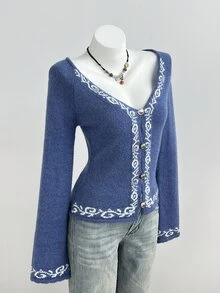 Elamini French Vintage Jacquard Knit Cardigan, Spring/Autumn V-Neck Flared Sleeve Top, Y2K Outfit - Blue - View 3