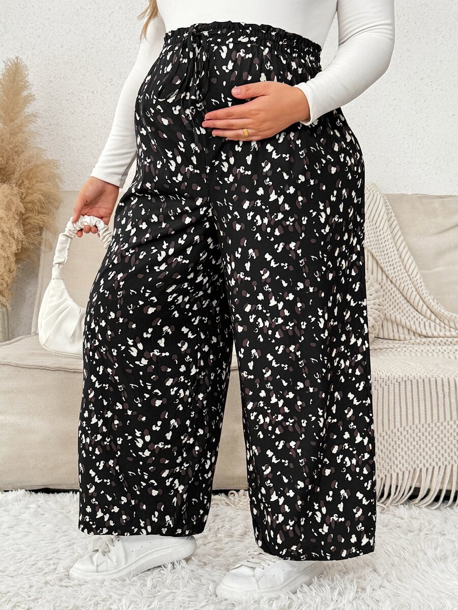 Plussiva Plus Maternity Dalmatian Print Wide Leg Pants Dates Pink Leopard Print Autumn Soft Form Basic Cute Chic Going Out Fall - Black - View 1