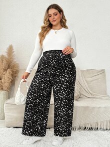 Plussiva Plus Maternity Dalmatian Print Wide Leg Pants Dates Pink Leopard Print Autumn Soft Form Basic Cute Chic Going Out Fall - Black - View 3
