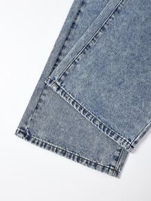 SHEIN Tween女孩牛仔褲，休閒時尚個性設計，甜酷彩色櫻桃圖案印花，中腰藍色貼身修身寬鬆直筒寬腿酸洗牛仔褲，街頭休閒風 - 中等水洗藍 - 查看 8
