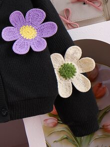 少女 2 件組秋季黑色針織開襟毛衣外套，附 3D 彩色花朵貼花與紫色百褶裙，可愛少女秋季服飾 - 黑色 - 查看 4