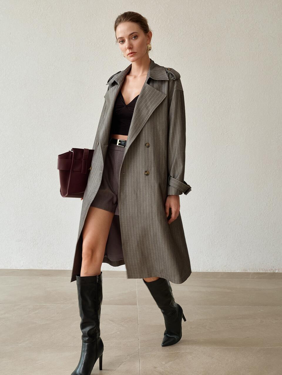 MOTF STRIPE PRINT DROP SHOULDER DOUBLE BREASTED TRENCH COAT