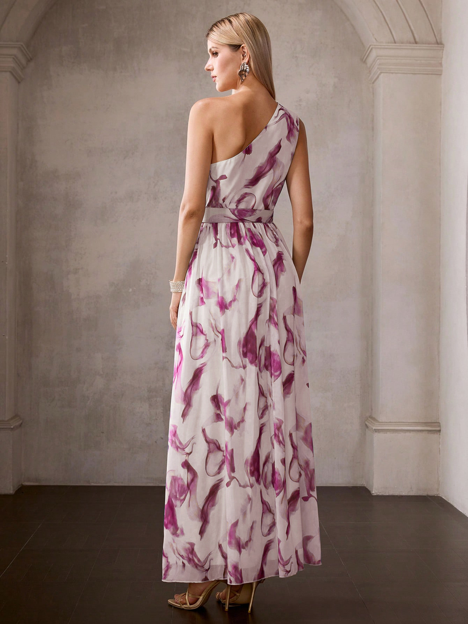 MOTF Soiréza ALLOVER PRINT ONE SHOULDER BUCKLE BELTED SPLIT THIGH COCKTAIL DRESS