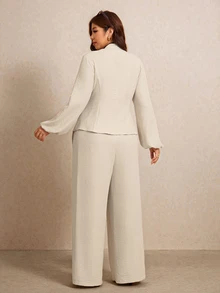 Elaquor Plus Size Women's Frog Button Design Long Sleeve Shirt And Wide Leg Pants Casual 2 Pieces Set Elegant Office Business Work 2 Pieces Set For Women Fall - Apricot - View 2
