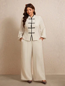 Elaquor Plus Size Women's Frog Button Design Long Sleeve Shirt And Wide Leg Pants Casual 2 Pieces Set Elegant Office Business Work 2 Pieces Set For Women Fall - Apricot - View 3