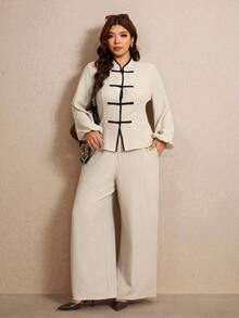Elaquor Plus Size Women's Frog Button Design Long Sleeve Shirt And Wide Leg Pants Casual 2 Pieces Set Elegant Office Business Work 2 Pieces Set For Women Fall - Apricot - View 1