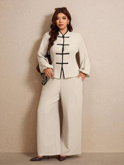Elaquor Plus Size Women's Frog Button Design Long Sleeve Shirt And Wide Leg Pants Casual 2 Pieces Set