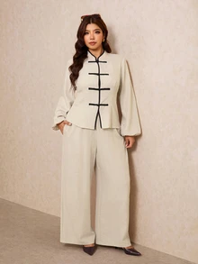 Elaquor Plus Size Women's Frog Button Design Long Sleeve Shirt And Wide Leg Pants Casual 2 Pieces Set Elegant Office Business Work 2 Pieces Set For Women Fall - Apricot - View 6