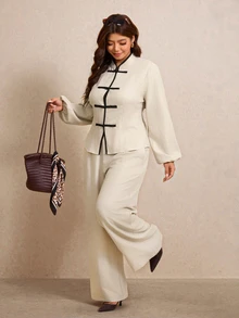 Elaquor Plus Size Women's Frog Button Design Long Sleeve Shirt And Wide Leg Pants Casual 2 Pieces Set Elegant Office Business Work 2 Pieces Set For Women Fall - Apricot - View 4