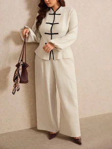 Elaquor Plus Size Women's Frog Button Design Long Sleeve Shirt And Wide Leg Pants Casual 2 Pieces Set Elegant Office Business Work 2 Pieces Set For Women Fall - Apricot - View 5