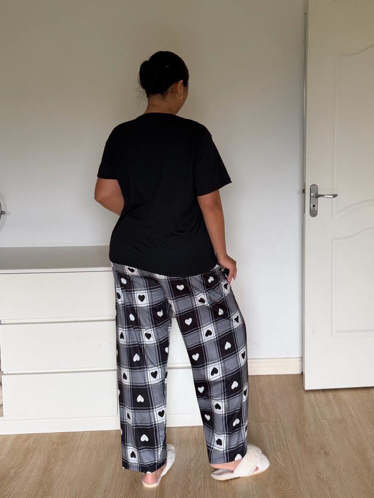 Napfluff CURVE Napfluff CURVE Heart Pattern Round Neck Short Sleeve Plus Size Home Pajama Set - Black - View 8