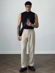 HUEFORM Men's Straight Leg Light Color Classic Versatile Snap Button Design Premium Minimalist Back Elastic Waist Comfortable Casual Pants For Home, - White - View 3