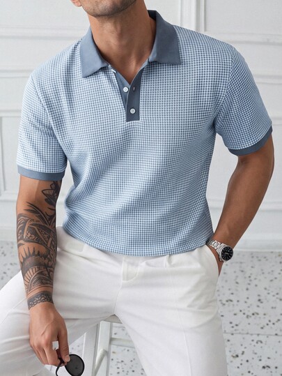 HUEFORM Men's Mature Casual Blue & White Knitted Jacquard Textured Contrast Color Ribbed Collar Short Sleeve Polo Shirt ,Suitable For Everyday Outfits For Men