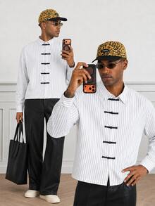 HUEFORM Men's Chinese Style Frog Button Short Shirt, Long Sleeve, Autumn, Casual & Vacation, Minimalist - White - View 4