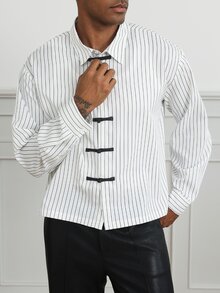 HUEFORM Men's Chinese Style Frog Button Short Shirt, Long Sleeve, Autumn, Casual & Vacation, Minimalist - White - View 3