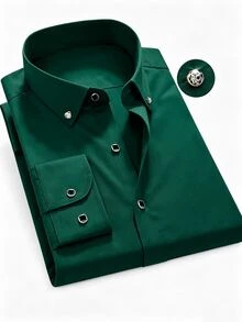 Manfinity Mode Áo sơ mi tay dài trơn nam - Màu xanh lá cây đậm - Xem 4