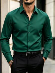 Manfinity Mode Áo sơ mi tay dài trơn nam - Màu xanh lá cây đậm - Xem 3