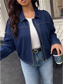 Jeanoix Plus Size Y2K Cowgirl Outfit Blue Non-Stretch Zipper Front Slim Fit Denim Jacket For Women - Dark Wash - View 3