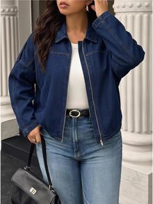 Jeanoix Plus Size Y2K Cowgirl Outfit Blue Non-Stretch Zipper Front Slim Fit Denim Jacket For Women - Dark Wash - View 4