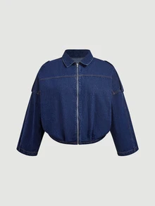 Jeanoix Plus Size Y2K Cowgirl Outfit Blue Non-Stretch Zipper Front Slim Fit Denim Jacket For Women - Dark Wash - View 5