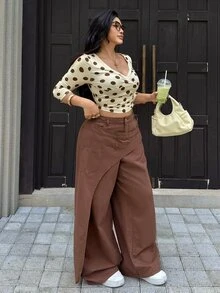 Rivivi 女款大尺碼高腰美式復古不對稱解構設計牛仔褲，新款寬鬆拖地長褲 - 棕色 - 查看 7