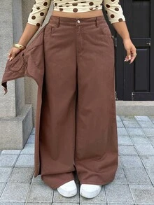 Rivivi 女款大尺碼高腰美式復古不對稱解構設計牛仔褲，新款寬鬆拖地長褲 - 棕色 - 查看 3