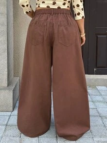 Rivivi 女款大尺碼高腰美式復古不對稱解構設計牛仔褲，新款寬鬆拖地長褲 - 棕色 - 查看 2