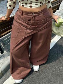 Rivivi 女款大尺碼高腰美式復古不對稱解構設計牛仔褲，新款寬鬆拖地長褲 - 棕色 - 查看 6