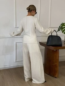 DAZY Solid Color Fitted Waist Asymmetrical V-Neck Long Sleeve Blouse And Straight Leg Pants Elegant Formal Spring Autumn 2 Pieces Set For Women Vacation - Apricot - View 8