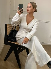 DAZY Solid Color Fitted Waist Asymmetrical V-Neck Long Sleeve Blouse And Straight Leg Pants Elegant Formal Spring Autumn 2 Pieces Set For Women Vacation - Apricot - View 6